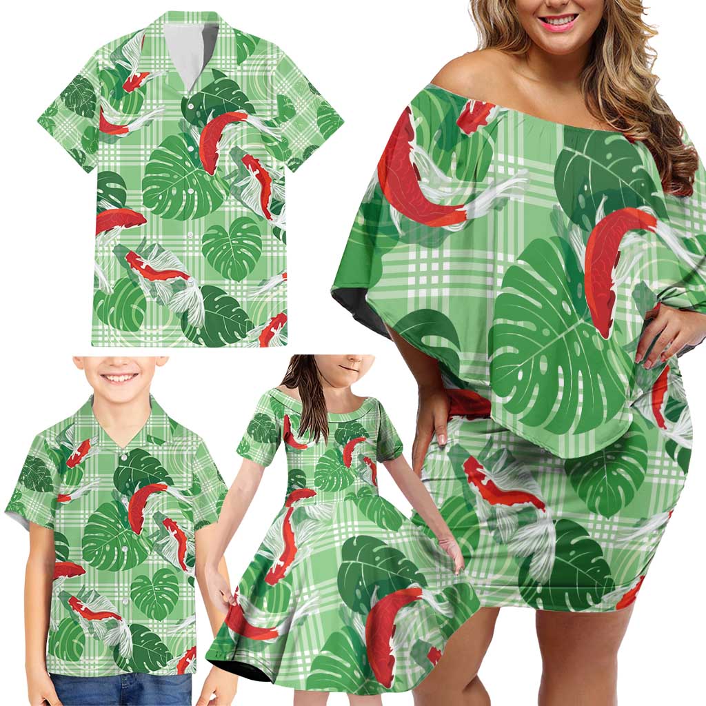 Lime Palaka Hawaii Aloha Family Matching Off Shoulder Short Dress and Hawaiian Shirt Koi Pond Mix Monstera - Polynesian Pride