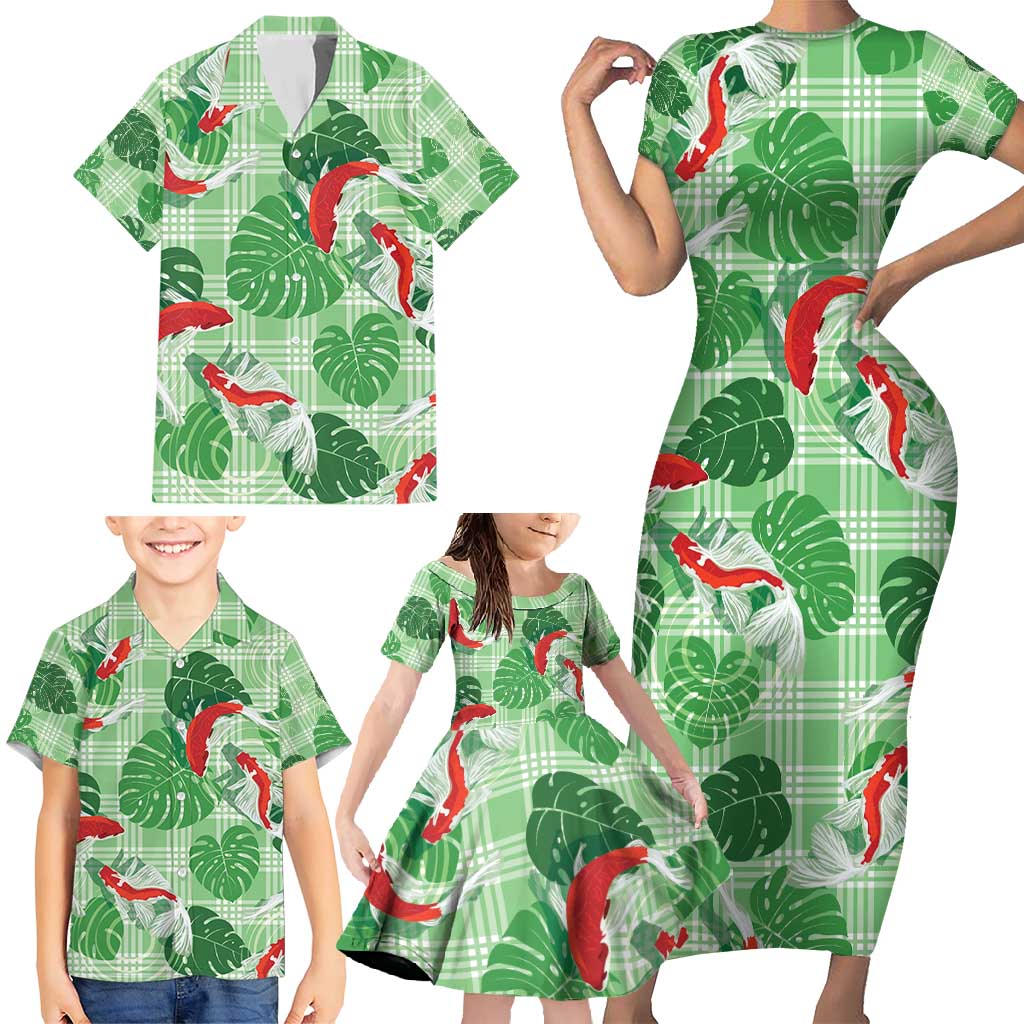 Lime Palaka Hawaii Aloha Family Matching Short Sleeve Bodycon Dress and Hawaiian Shirt Koi Pond Mix Monstera - Polynesian Pride