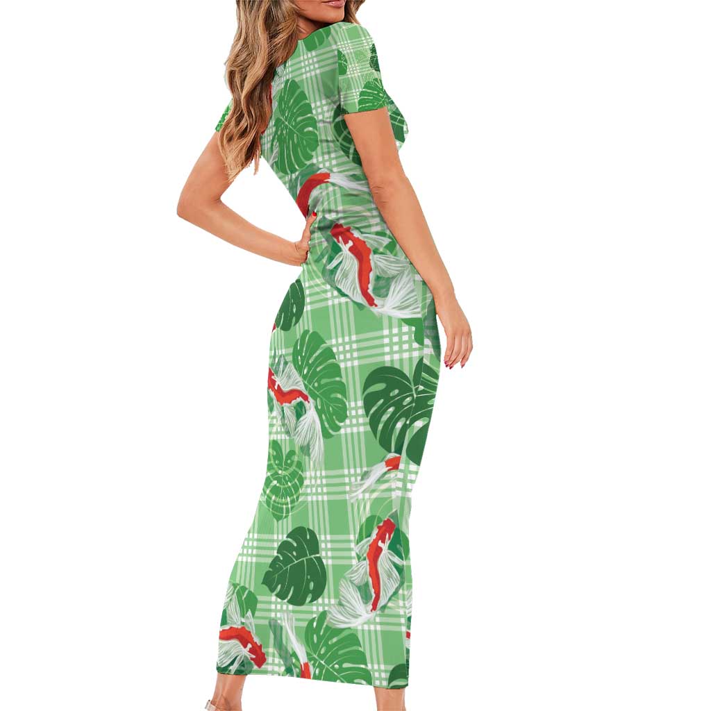 Lime Palaka Hawaii Aloha Family Matching Short Sleeve Bodycon Dress and Hawaiian Shirt Koi Pond Mix Monstera - Polynesian Pride