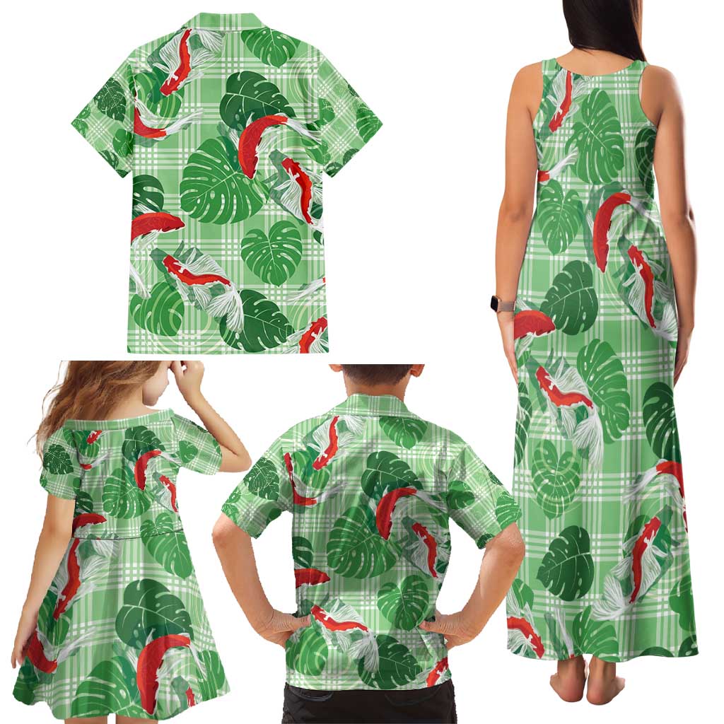 Lime Palaka Hawaii Aloha Family Matching Tank Maxi Dress and Hawaiian Shirt Koi Pond Mix Monstera - Polynesian Pride