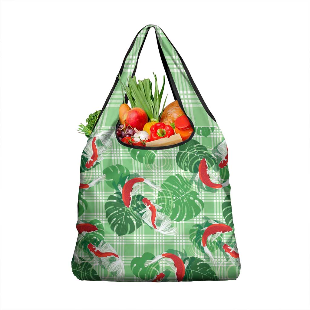 Lime Palaka Hawaii Aloha Grocery Bag Koi Pond Mix Monstera - Polynesian Pride