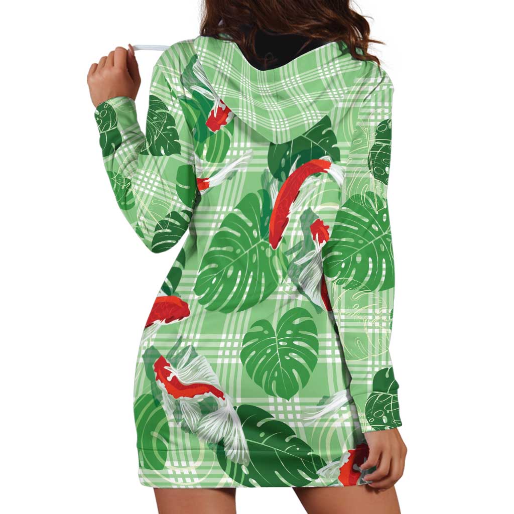 Lime Palaka Hawaii Aloha Hoodie Dress Koi Pond Mix Monstera - Polynesian Pride