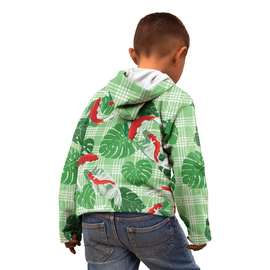 Lime Palaka Hawaii Aloha Kid Hoodie Koi Pond Mix Monstera - Polynesian Pride