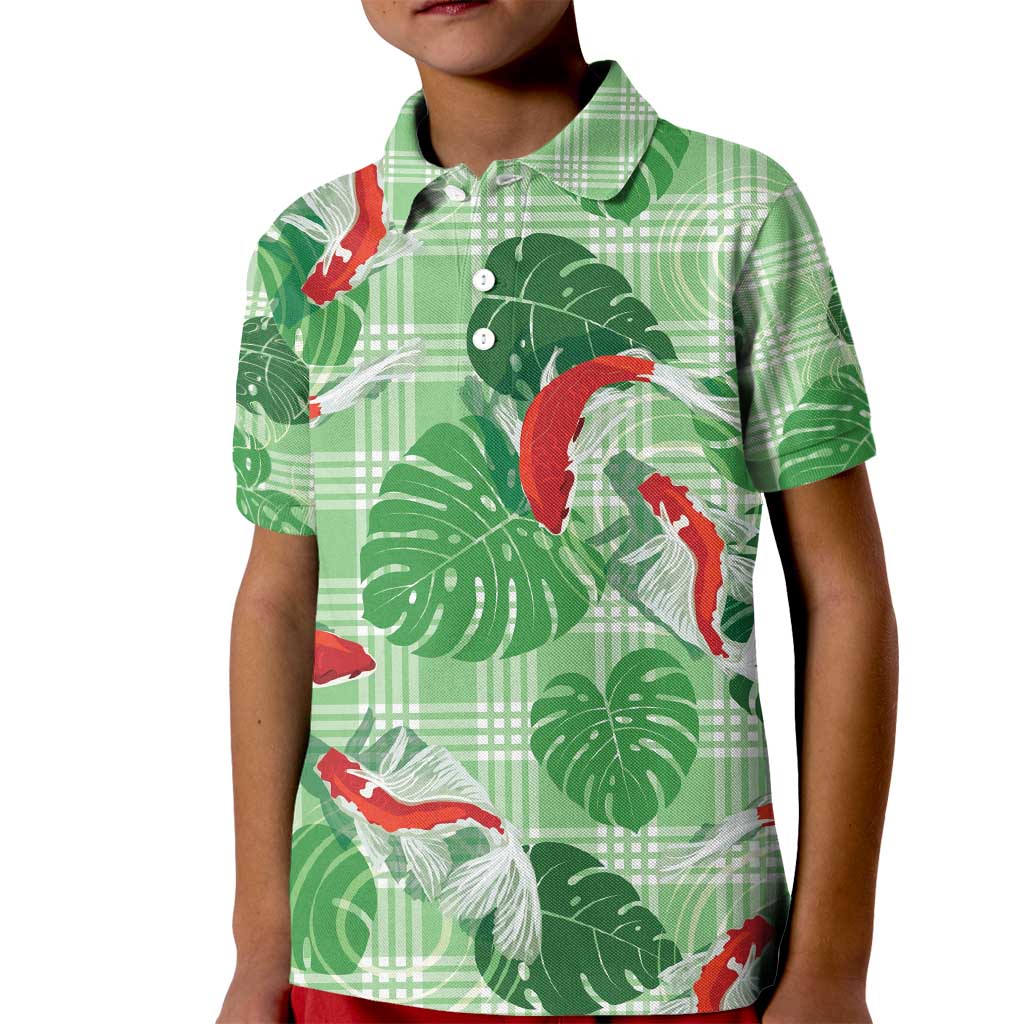 Lime Palaka Hawaii Aloha Kid Polo Shirt Koi Pond Mix Monstera - Polynesian Pride