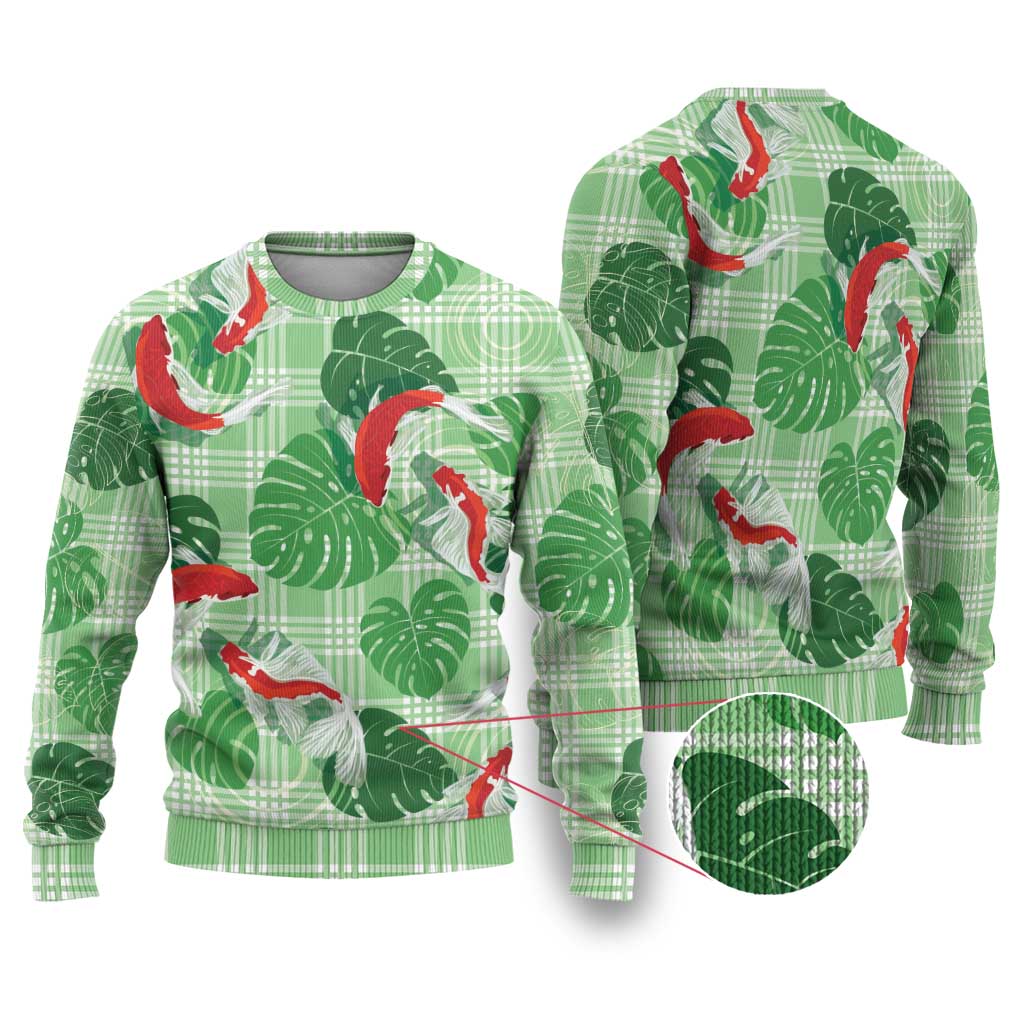 Lime Palaka Hawaii Aloha Ugly Christmas Sweater Koi Pond Mix Monstera - Polynesian Pride