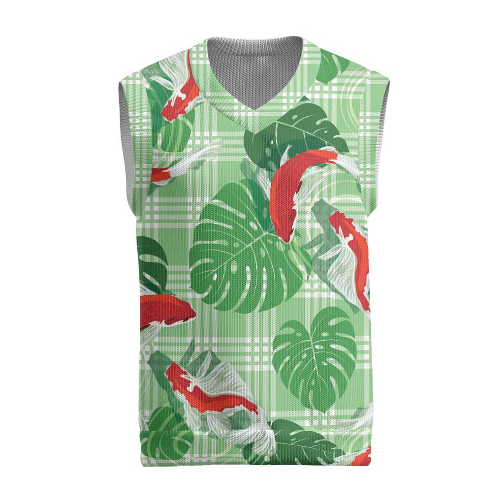 Lime Palaka Hawaii Aloha Christmas Knitted V-Neck Vest Koi Pond Mix Monstera - Polynesian Pride