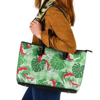 Lime Palaka Hawaii Aloha Leather Tote Bag Koi Pond Mix Monstera - Polynesian Pride