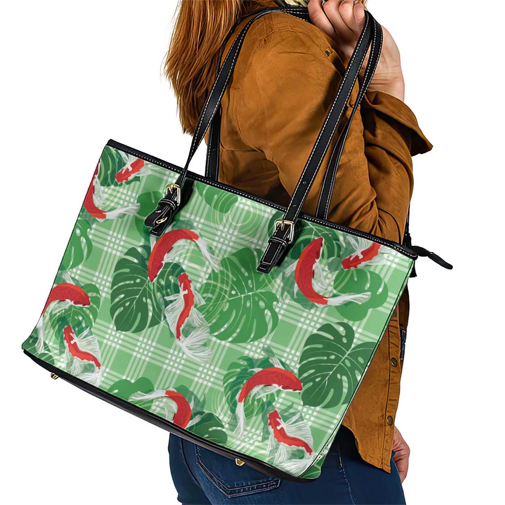 Lime Palaka Hawaii Aloha Leather Tote Bag Koi Pond Mix Monstera - Polynesian Pride