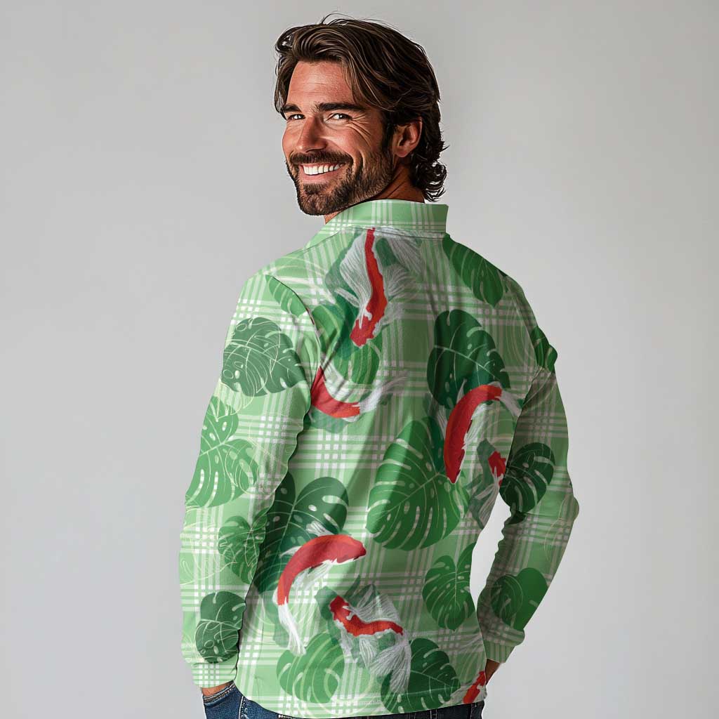 Lime Palaka Hawaii Aloha Long Sleeve Polo Shirt Koi Pond Mix Monstera - Polynesian Pride