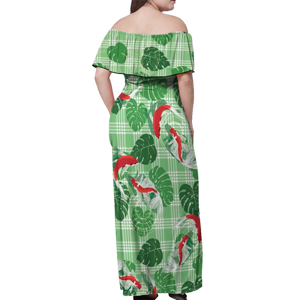 Lime Palaka Hawaii Aloha Off Shoulder Maxi Dress Koi Pond Mix Monstera - Polynesian Pride