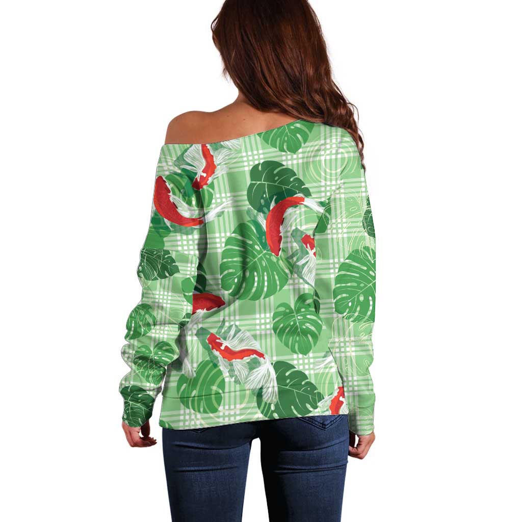 Lime Palaka Hawaii Aloha Off Shoulder Sweater Koi Pond Mix Monstera - Polynesian Pride