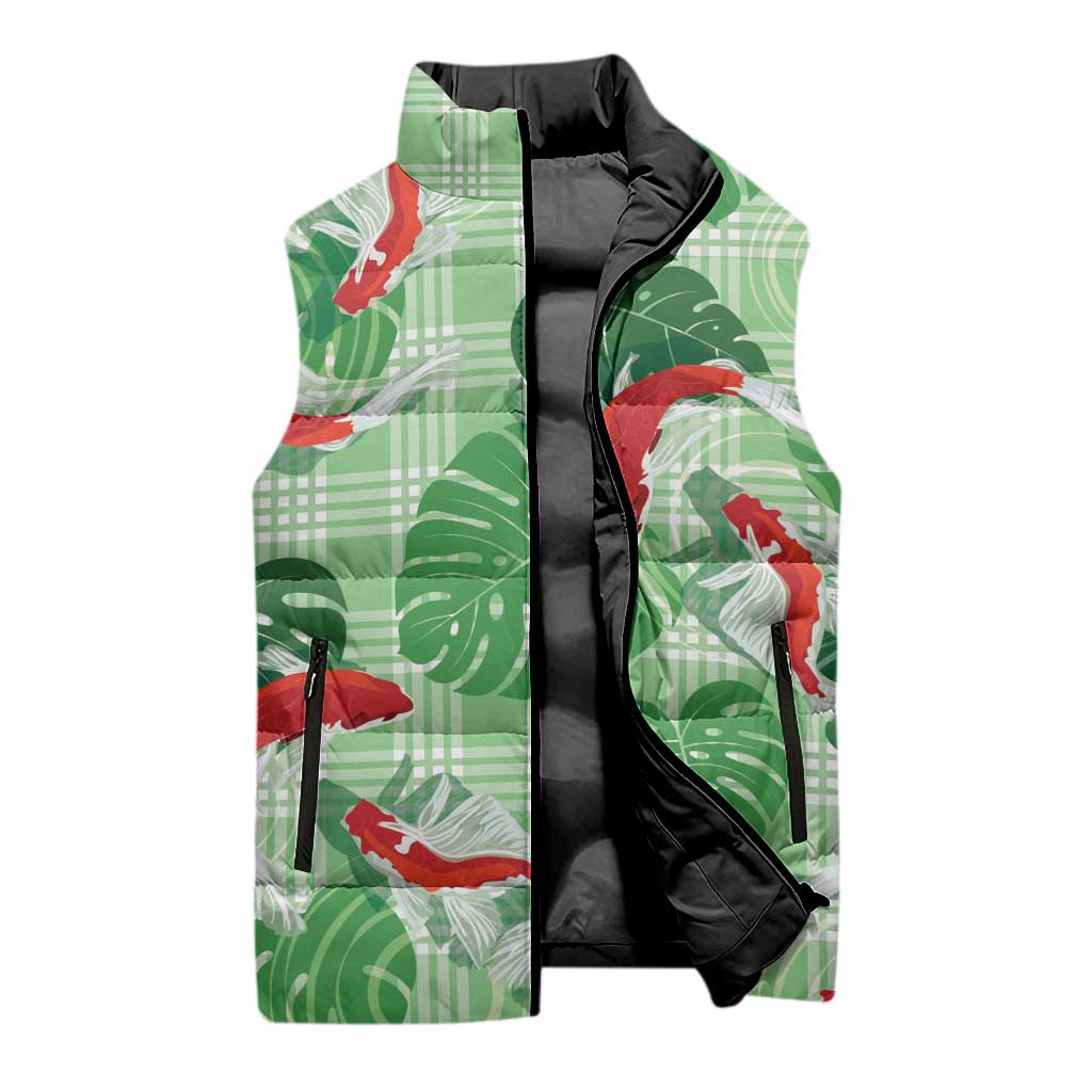 Lime Palaka Hawaii Aloha Sleeveless Puffer Jacket Koi Pond Mix Monstera - Polynesian Pride