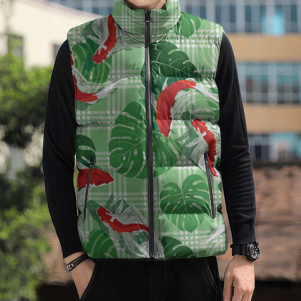 Lime Palaka Hawaii Aloha Sleeveless Puffer Jacket Koi Pond Mix Monstera - Polynesian Pride