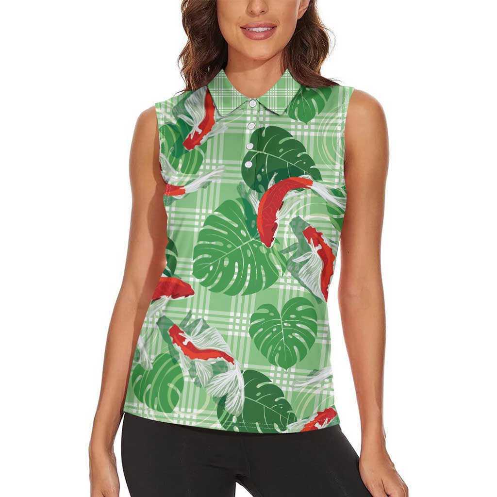 Lime Palaka Hawaii Aloha Women Sleeveless Polo Shirt Koi Pond Mix Monstera - Polynesian Pride
