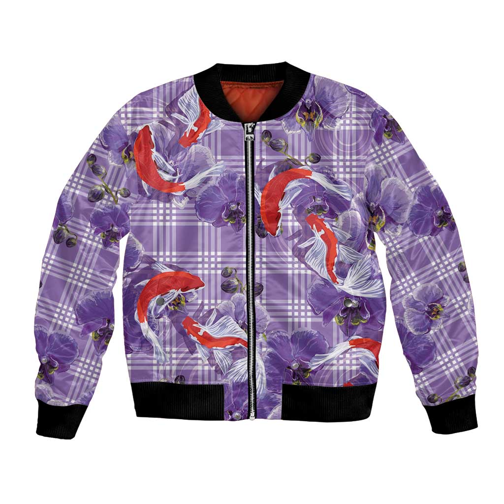 Lavender Palaka Hawaii Aloha Bomber Jacket Koi Pond Mix Orchids - Polynesian Pride