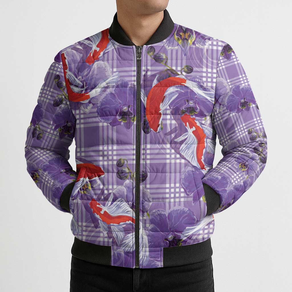 Lavender Palaka Hawaii Aloha Bomber Puffer Jacket Koi Pond Mix Orchids - Polynesian Pride