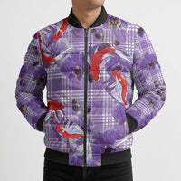 Lavender Palaka Hawaii Aloha Bomber Puffer Jacket Koi Pond Mix Orchids - Polynesian Pride