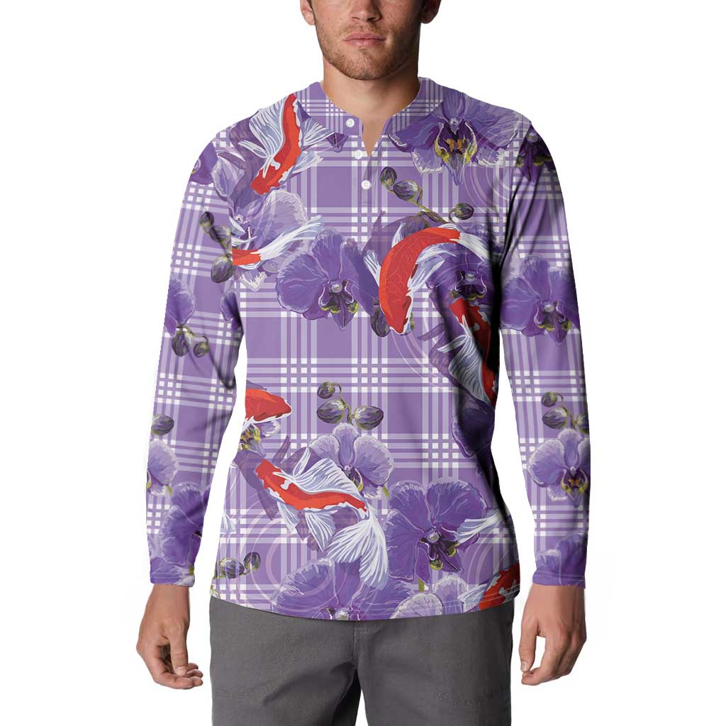 Lavender Palaka Hawaii Aloha Button Sweatshirt Koi Pond Mix Orchids - Polynesian Pride