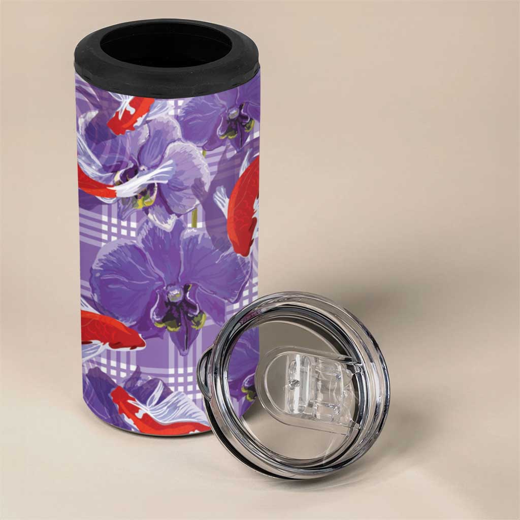 Lavender Palaka Hawaii Aloha 4 in 1 Can Cooler Tumbler Koi Pond Mix Orchids - Polynesian Pride