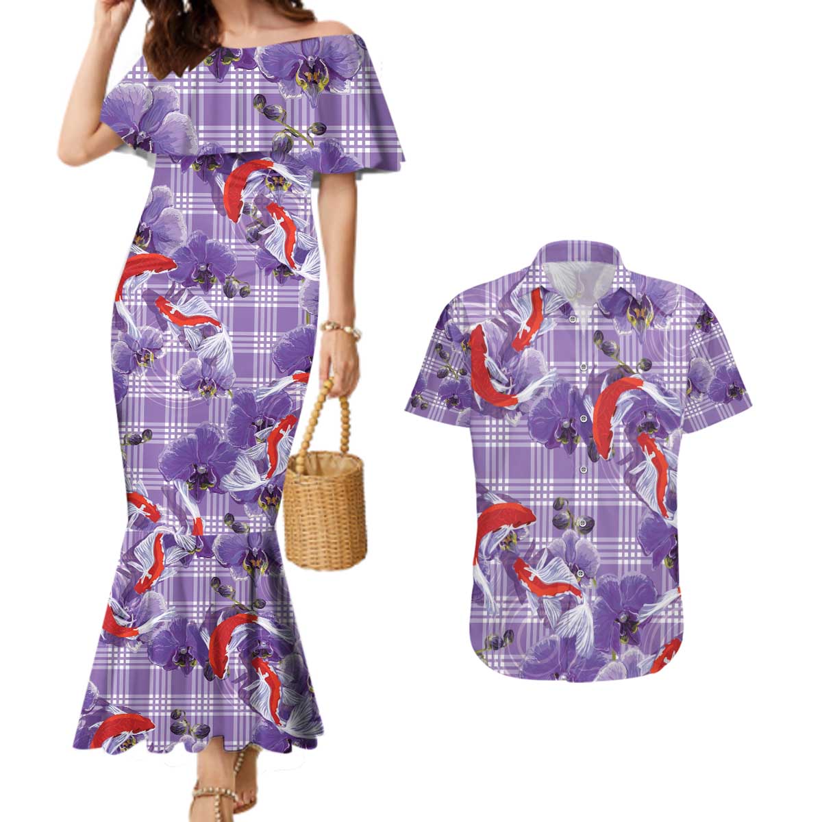 Lavender Palaka Hawaii Aloha Couples Matching Mermaid Dress and Hawaiian Shirt Koi Pond Mix Orchids - Polynesian Pride