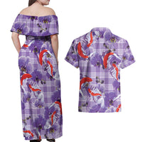 Lavender Palaka Hawaii Aloha Couples Matching Off Shoulder Maxi Dress and Hawaiian Shirt Koi Pond Mix Orchids - Polynesian Pride