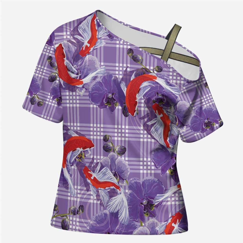 Lavender Palaka Hawaii Aloha Cross Shoulder Shirt Koi Pond Mix Orchids - Polynesian Pride