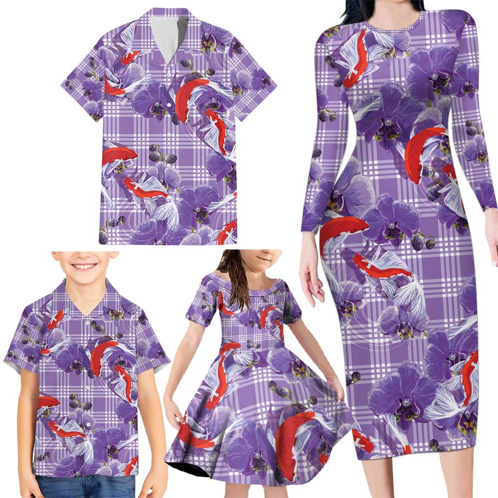 Lavender Palaka Hawaii Aloha Family Matching Long Sleeve Bodycon Dress and Hawaiian Shirt Koi Pond Mix Orchids - Polynesian Pride