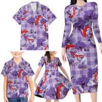Lavender Palaka Hawaii Aloha Family Matching Long Sleeve Bodycon Dress and Hawaiian Shirt Koi Pond Mix Orchids - Polynesian Pride