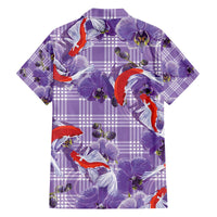 Lavender Palaka Hawaii Aloha Family Matching Off The Shoulder Long Sleeve Dress and Hawaiian Shirt Koi Pond Mix Orchids - Polynesian Pride