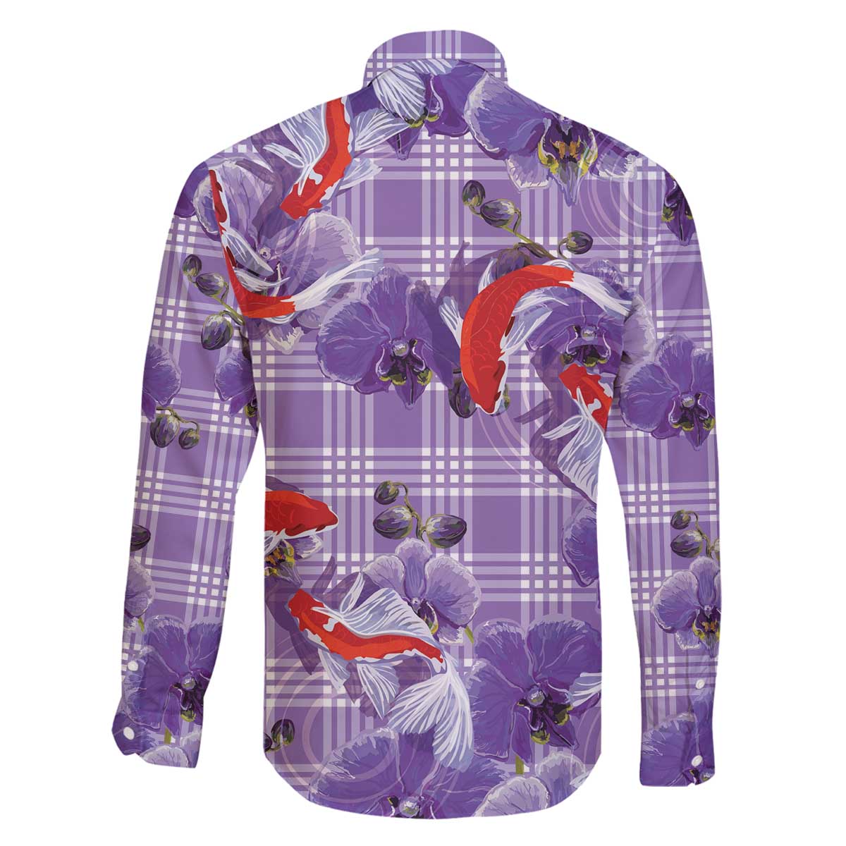 Lavender Palaka Hawaii Aloha Family Matching Off The Shoulder Long Sleeve Dress and Hawaiian Shirt Koi Pond Mix Orchids - Polynesian Pride