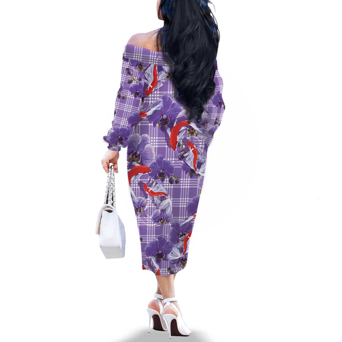 Lavender Palaka Hawaii Aloha Family Matching Off The Shoulder Long Sleeve Dress and Hawaiian Shirt Koi Pond Mix Orchids - Polynesian Pride