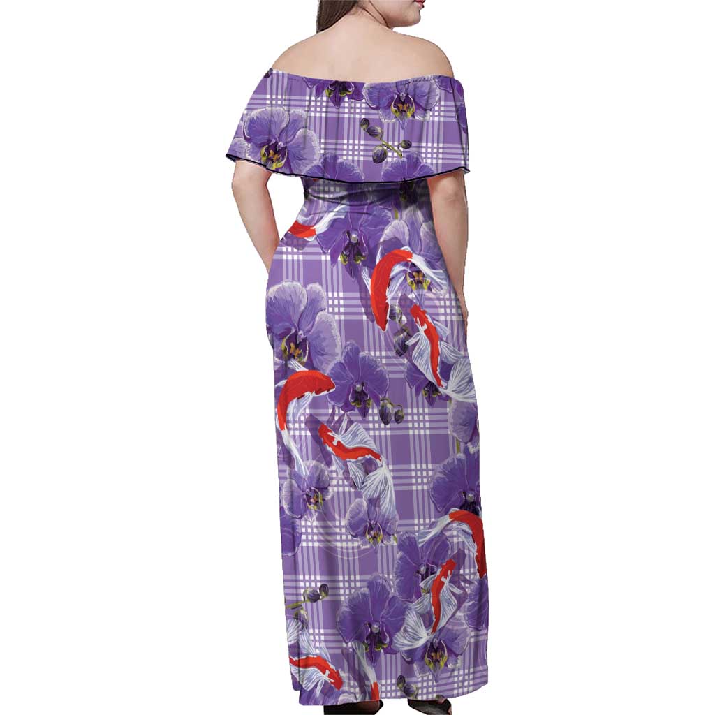 Lavender Palaka Hawaii Aloha Family Matching Off Shoulder Maxi Dress and Hawaiian Shirt Koi Pond Mix Orchids - Polynesian Pride