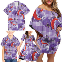 Lavender Palaka Hawaii Aloha Family Matching Off Shoulder Short Dress and Hawaiian Shirt Koi Pond Mix Orchids - Polynesian Pride