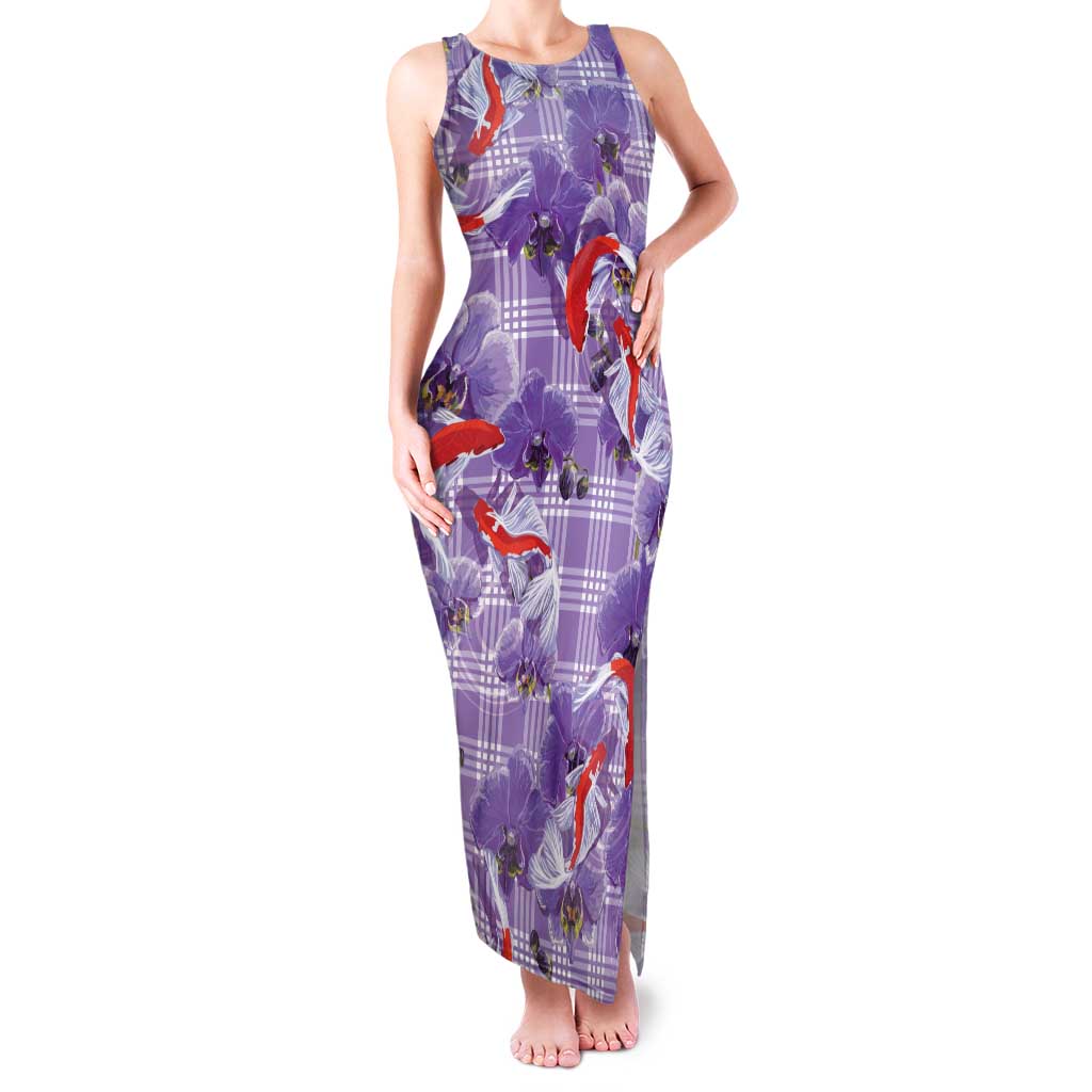 Lavender Palaka Hawaii Aloha Family Matching Tank Maxi Dress and Hawaiian Shirt Koi Pond Mix Orchids - Polynesian Pride
