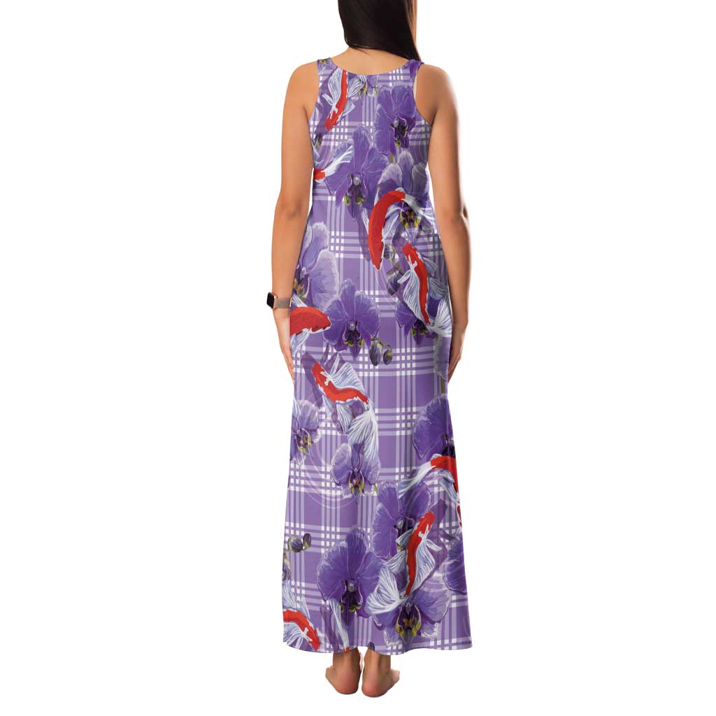 Lavender Palaka Hawaii Aloha Family Matching Tank Maxi Dress and Hawaiian Shirt Koi Pond Mix Orchids - Polynesian Pride