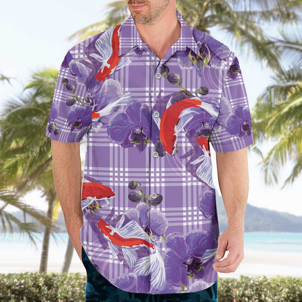 Lavender Palaka Hawaii Aloha Hawaiian Shirt Koi Pond Mix Orchids - Polynesian Pride