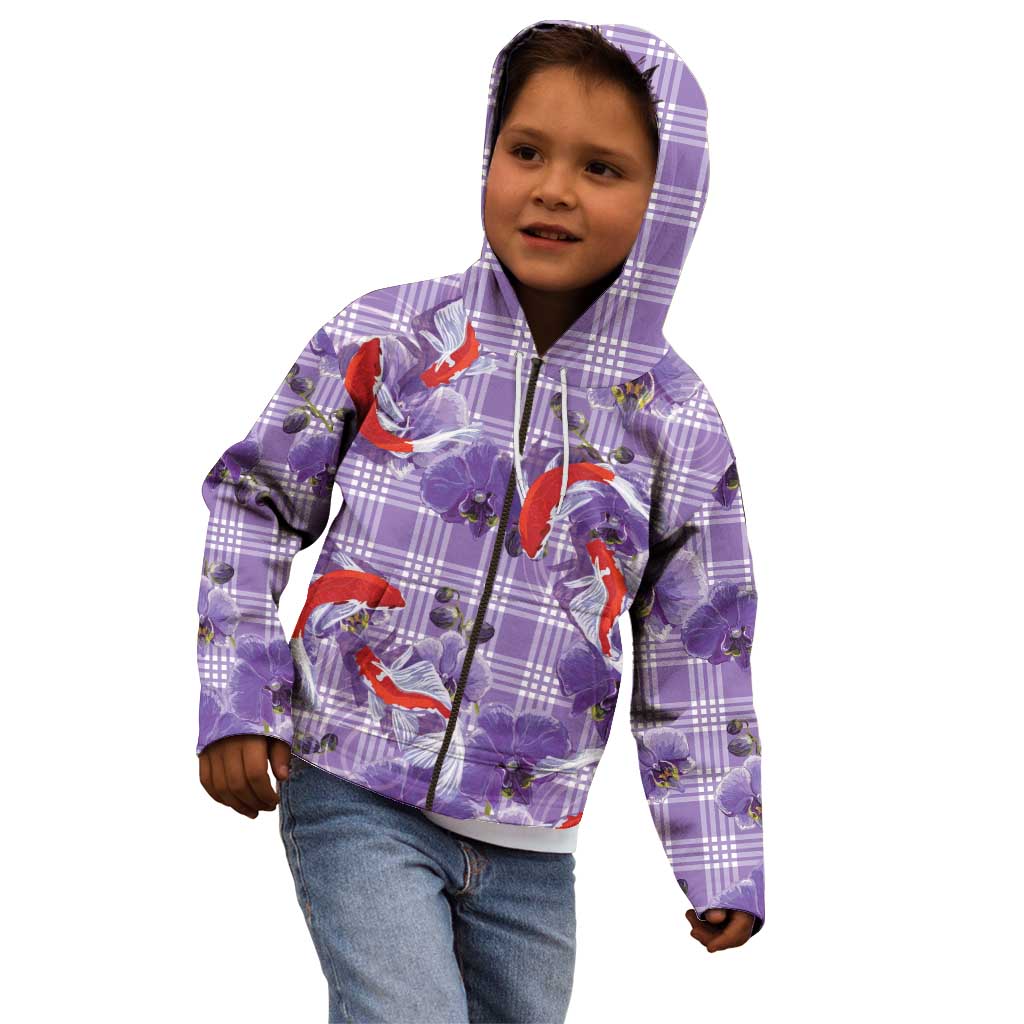 Lavender Palaka Hawaii Aloha Kid Hoodie Koi Pond Mix Orchids - Polynesian Pride