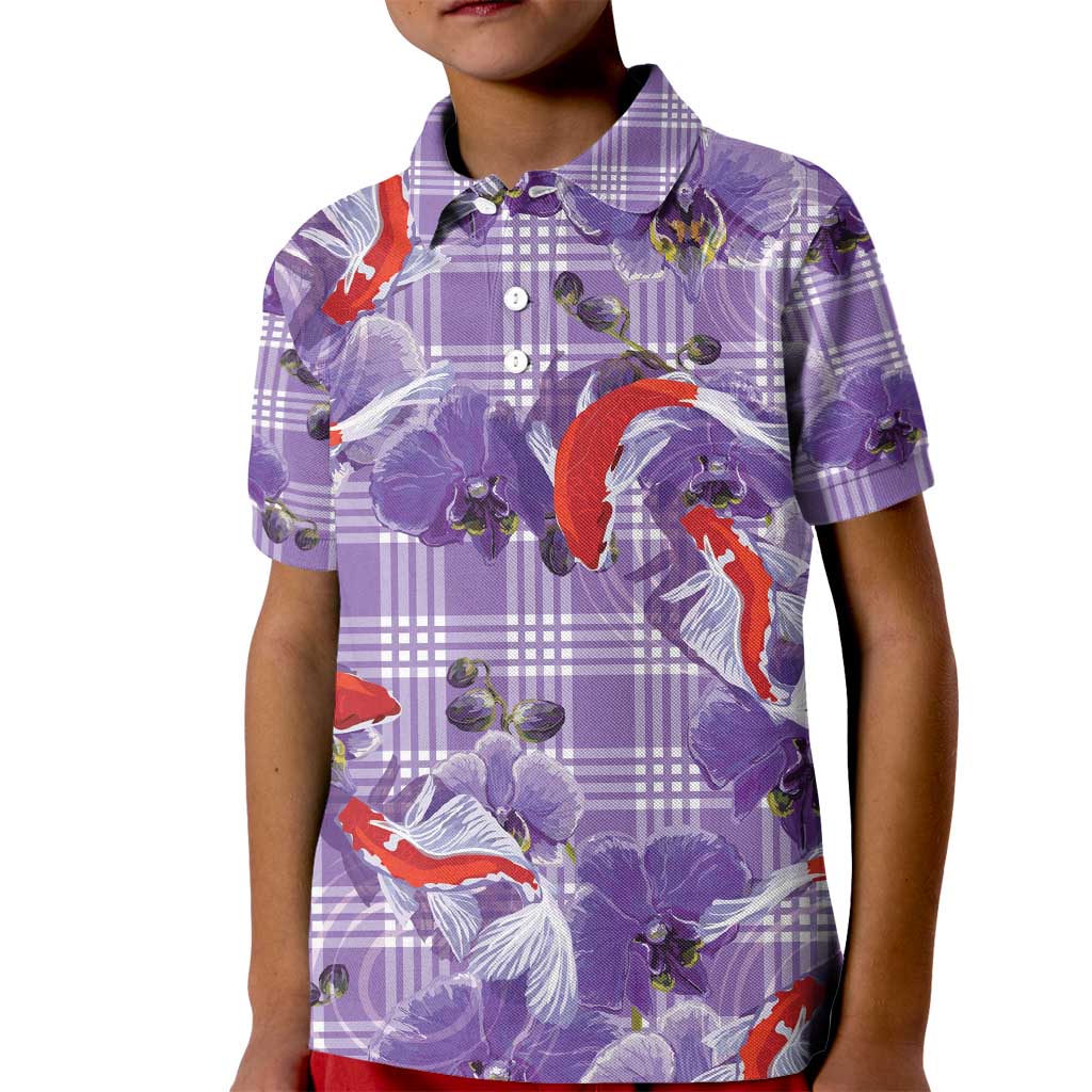 Lavender Palaka Hawaii Aloha Kid Polo Shirt Koi Pond Mix Orchids - Polynesian Pride