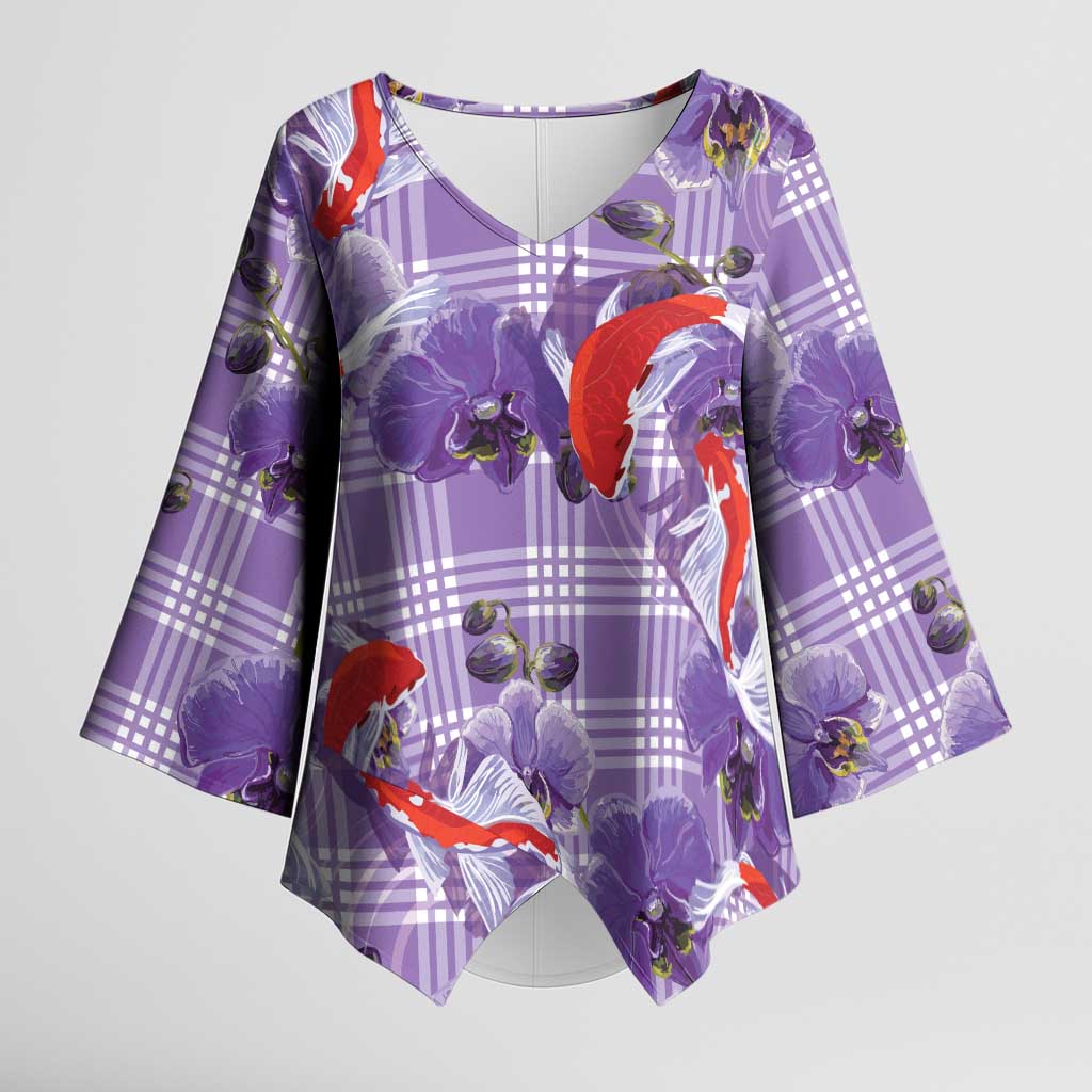 Lavender Palaka Hawaii Aloha Kimono Sleeve Blouse Koi Pond Mix Orchids - Polynesian Pride