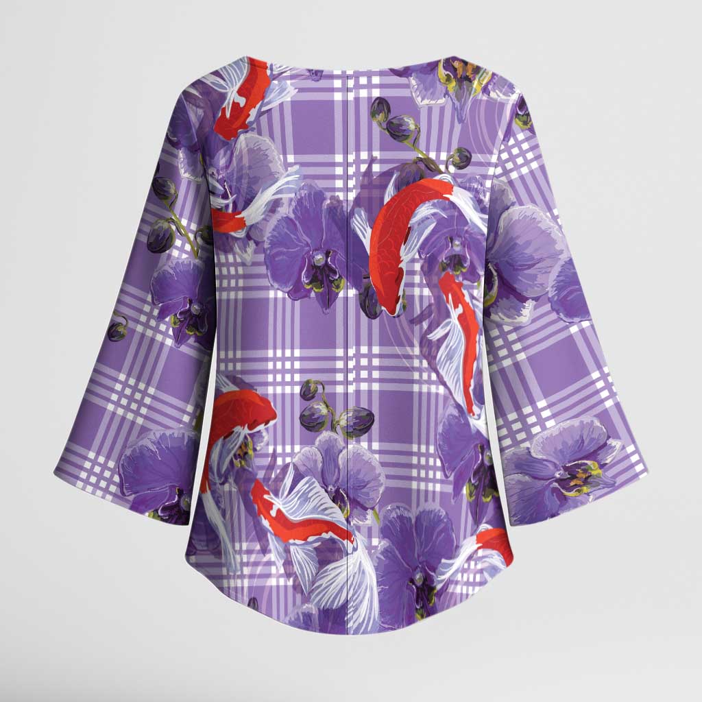 Lavender Palaka Hawaii Aloha Kimono Sleeve Blouse Koi Pond Mix Orchids - Polynesian Pride