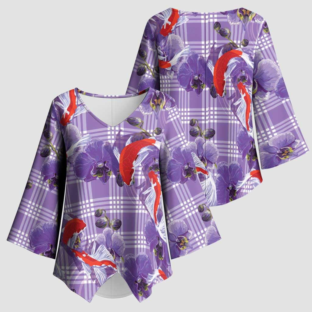 Lavender Palaka Hawaii Aloha Kimono Sleeve Blouse Koi Pond Mix Orchids - Polynesian Pride