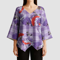 Lavender Palaka Hawaii Aloha Kimono Sleeve Blouse Koi Pond Mix Orchids - Polynesian Pride