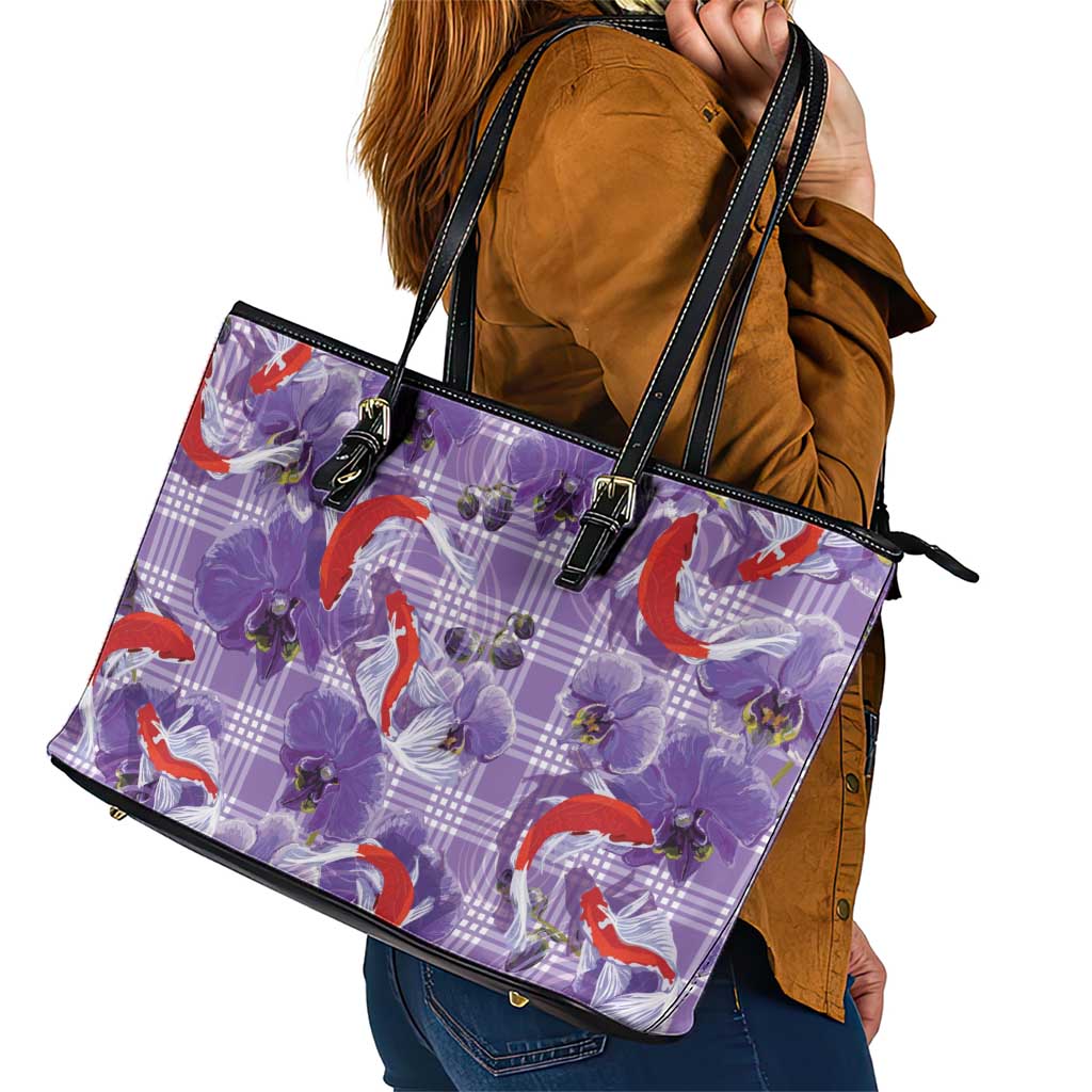 Lavender Palaka Hawaii Aloha Leather Tote Bag Koi Pond Mix Orchids - Polynesian Pride