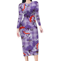 Lavender Palaka Hawaii Aloha Long Sleeve Bodycon Dress Koi Pond Mix Orchids - Polynesian Pride