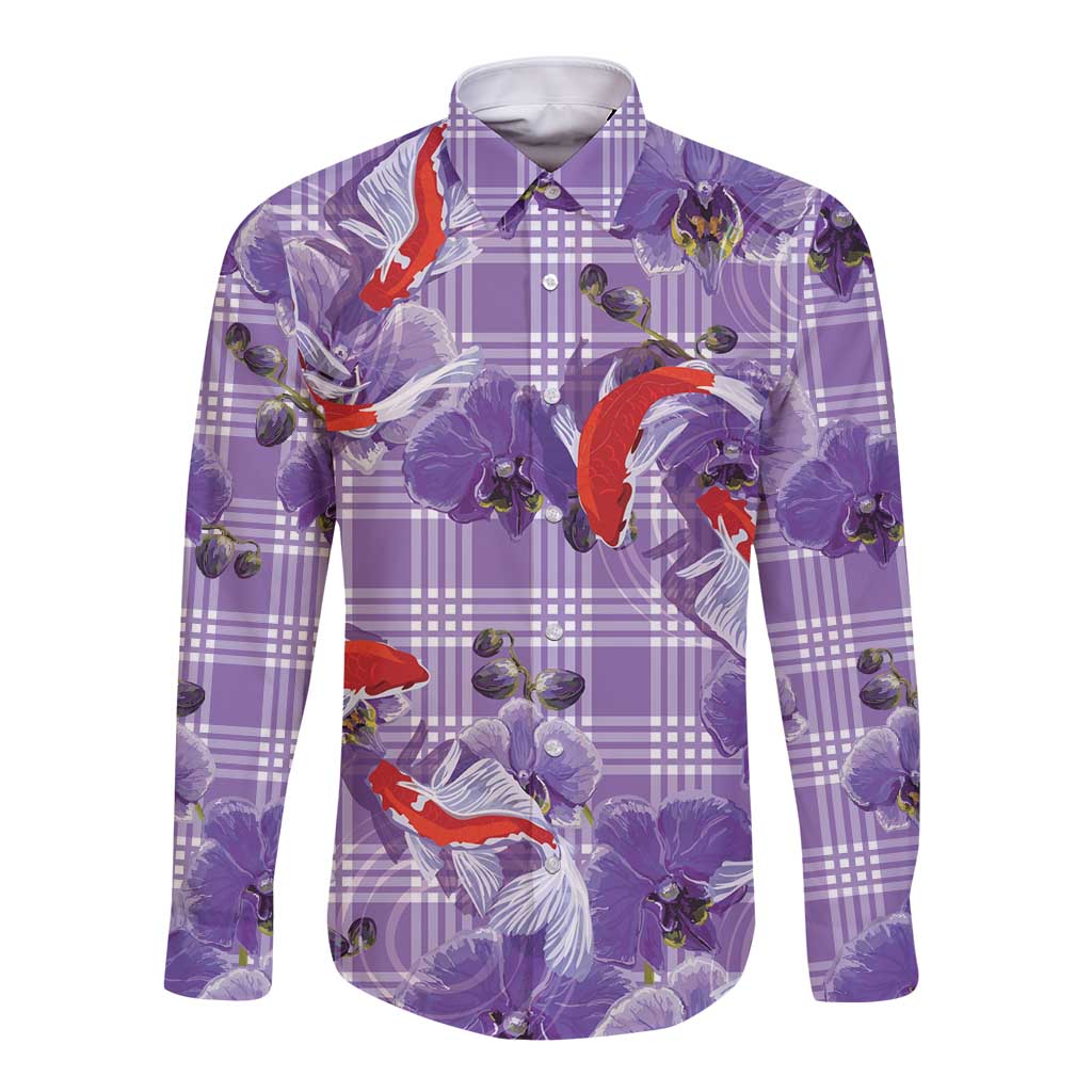 Lavender Palaka Hawaii Aloha Long Sleeve Button Shirt Koi Pond Mix Orchids - Polynesian Pride