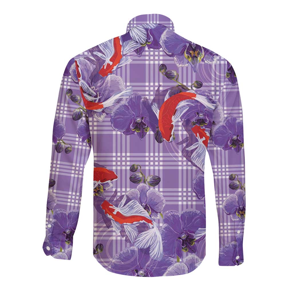 Lavender Palaka Hawaii Aloha Long Sleeve Button Shirt Koi Pond Mix Orchids - Polynesian Pride