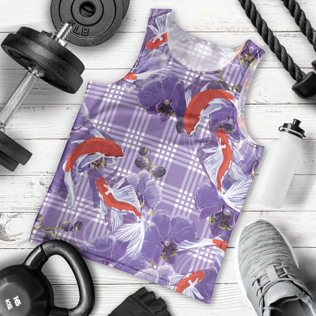 Lavender Palaka Hawaii Aloha Men Tank Top Koi Pond Mix Orchids - Polynesian Pride