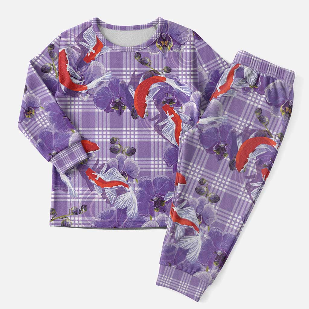Lavender Palaka Hawaii Aloha Christmas Pajama Set Koi Pond Mix Orchids - Polynesian Pride