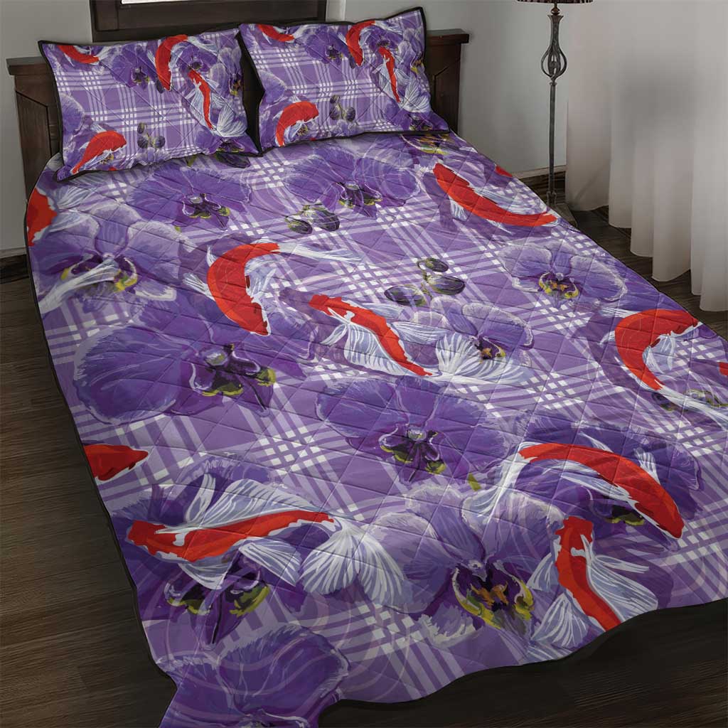 Lavender Palaka Hawaii Aloha Quilt Bed Set Koi Pond Mix Orchids - Polynesian Pride
