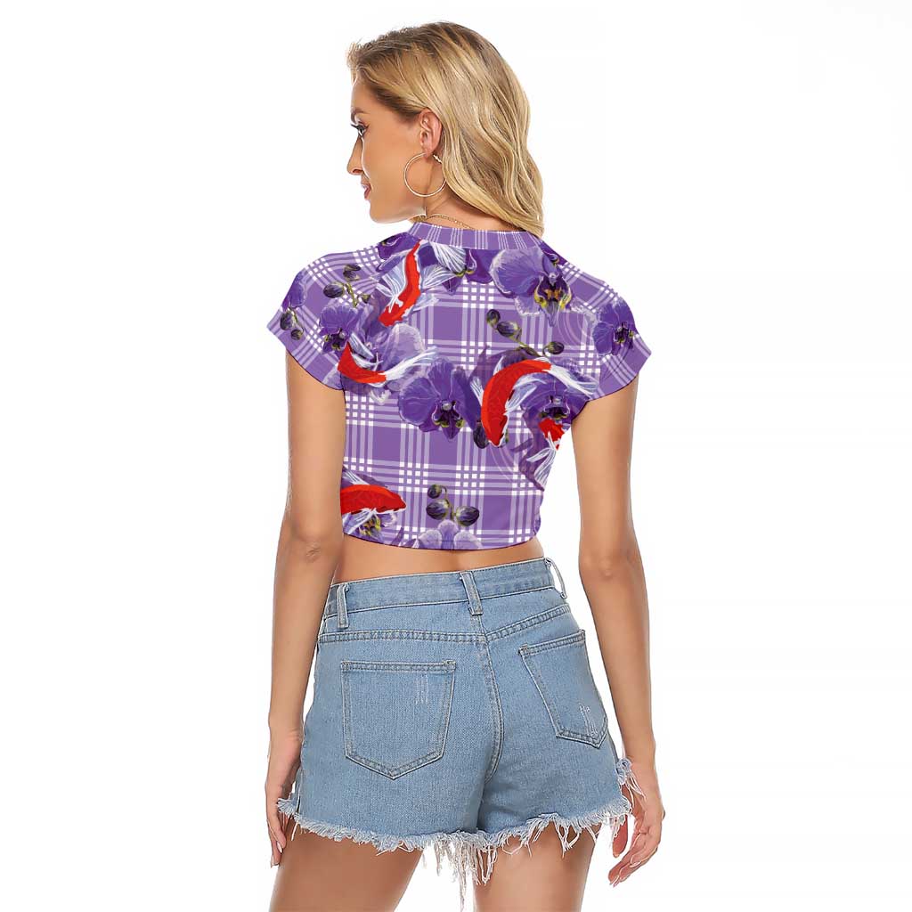 Lavender Palaka Hawaii Aloha Raglan Cropped T Shirt Koi Pond Mix Orchids - Polynesian Pride